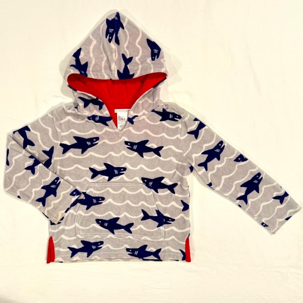 Pottery Barn Kids Hooded Sharks Towel Boys 4-6 Toweling Throw Cover Up Beach